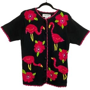VINTAGE by Victoria Harbour Short Sleeve Knit Flamingo Cardigan Sweater SM